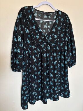 ASOS Petite Mini Babydoll Dress Sz 4 Floral Collar Fit & Flare V-Neck 3/4 Sleeve